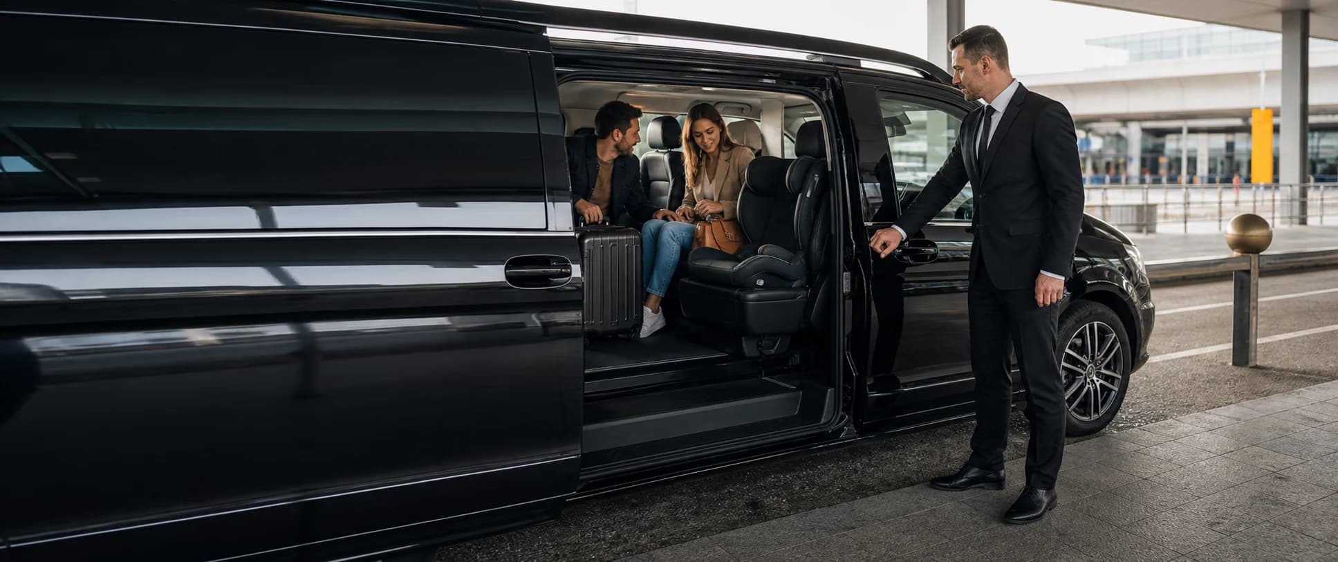 Reizigers stappen met bagage in een ruime transferbus met kinderzitje