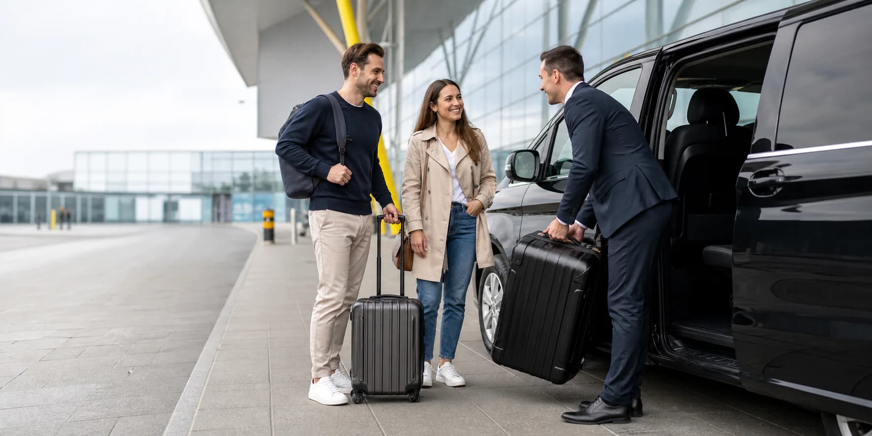 Glimlachende reizigers worden verwelkomd door een chauffeur voor luchthavenvervoer