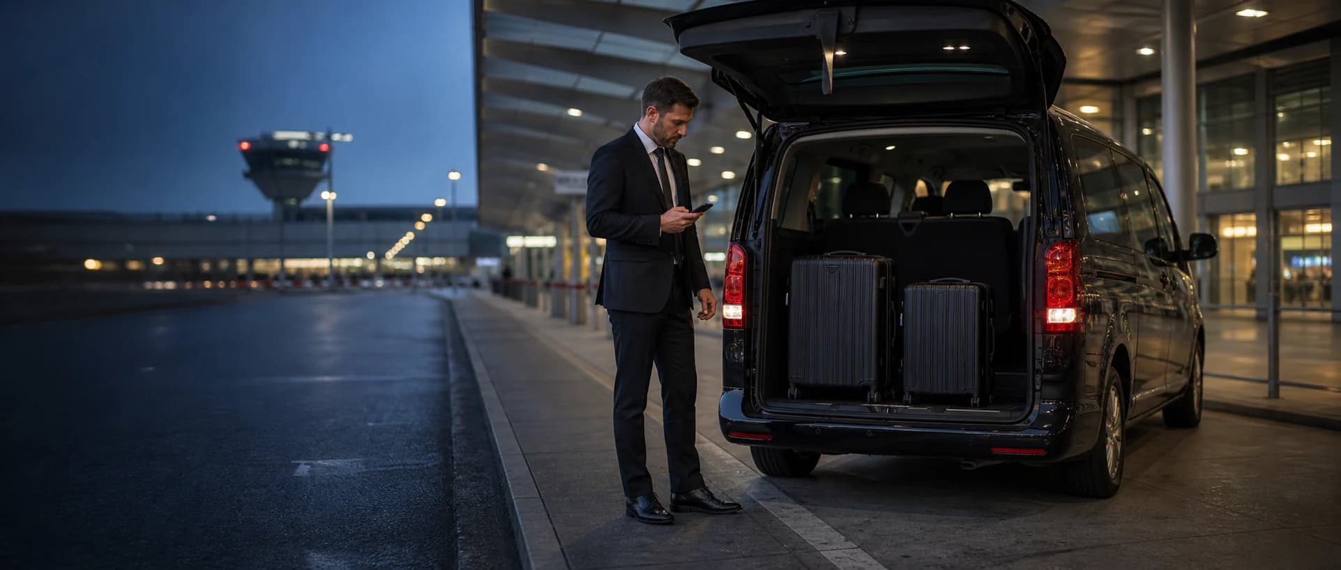 Professionele chauffeur controleert ritgegevens naast een voorbereide transferbus