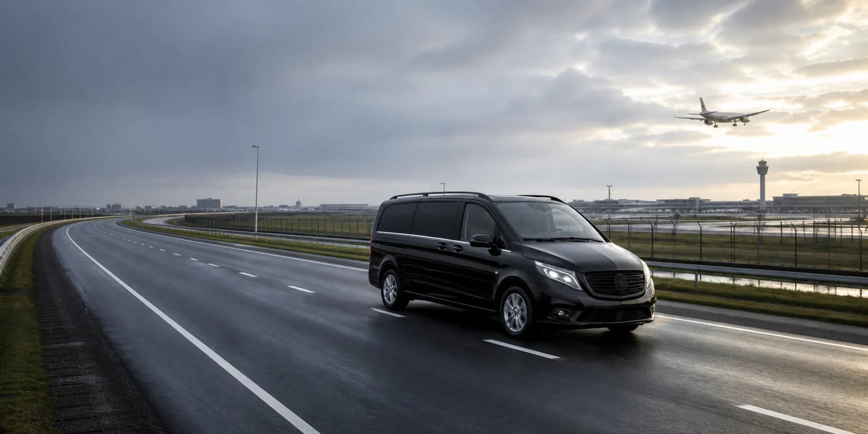 Zwarte transferbus op een Europese snelweg naast een luchthaven